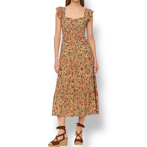 Sea New York Ensley Flutter Sleeve Silk Floral Midi Dress Yellow Ruffle Large - Picture 1 of 15